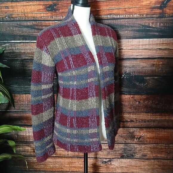 I.B. Diffusion Rare Vintage 80s Cardigan Sweater Size M Wool Plaid Open Front - Picture 4 of 9